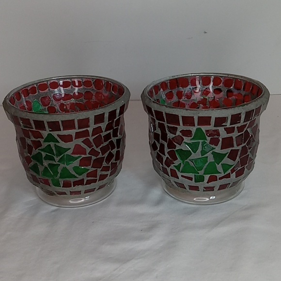 Mosaic Hurricane  Glass Candle Holders - Red and Green - Picture 1 of 5